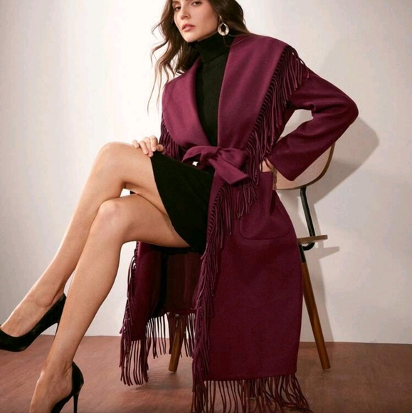 Women's Winter Fringed Decorated Oversized Lapel Melton Jacket, New Year Outfit - Picture 14 of 14